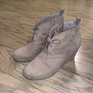Suede Taupe Wedge Booties